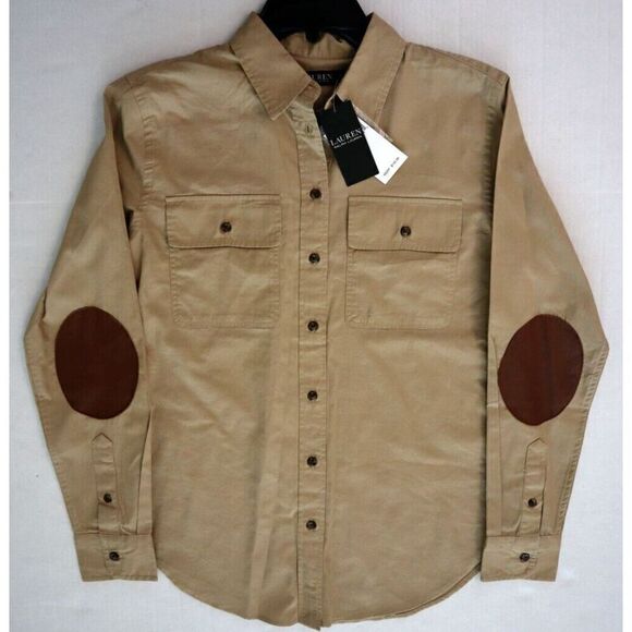Lauren Ralph Lauren Women Sz M Tan Leather Patch Featherweight Twill Shirt - Picture 9 of 12